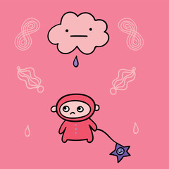 sad little man drags a sad star and a drop of rain falls on him. vector kid illustration