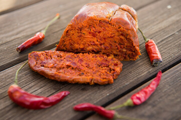 spicy salami called nduja typical of the cuisine of the Calabria region in Italy