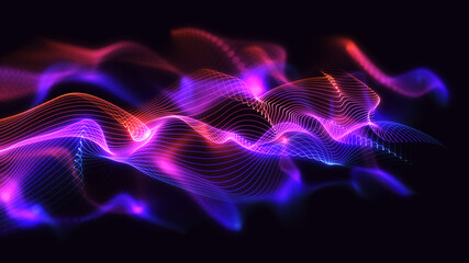 Modern digital background illustration. Glowing wavy line particles with beautiful bokeh. Creative 3d design concept