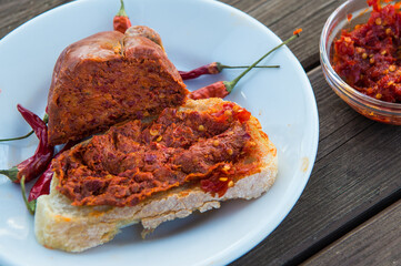 spicy salami called nduja typical of the cuisine of the Calabria region in Italy