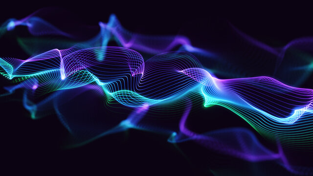 Abstract wavy background illustration. Glowing line particles with beautiful bokeh effect. Digital 3d creative design concept © Proxa Videx
