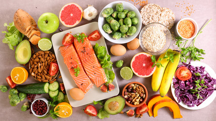 health food selection- fruit, vegetable, fish and cereals