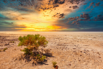 Dramatic sunset at salt lake Kati Thanda Lake Eyre in the Australian outback of South Australia...