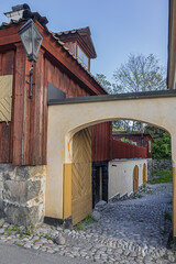 Fototapeta premium Traditional architecture of old Swedish building at Djurgarden island, historic recreational area. Stockholm, Sweden.