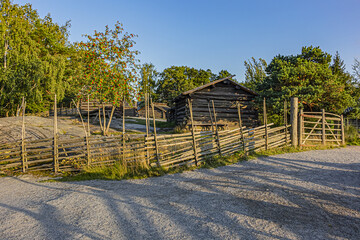 Old Swedish settlements at Djurgarden island, historic recreational area. Animals, which traditionally grown in farms. Stockholm, Sweden.