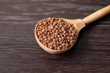 wooden spoon with lentil beans