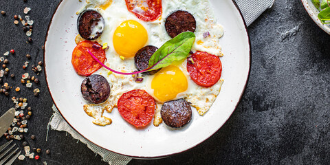 black pudding and vegetables meal ingredient on the table tasty portion top view copy space for text food background rustic 