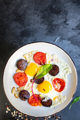 black pudding and vegetables meal ingredient on the table tasty portion top view copy space for text food background rustic 