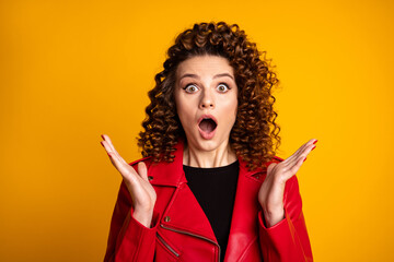 Portrait of astonished girl impressed scream wear good look outerwear isolated on vivid color background