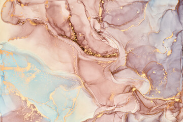 Natural  luxury abstract fluid art painting in alcohol ink technique. Tender and dreamy  wallpaper. Mixture of colors creating transparent waves and golden swirls. For posters, other printed materials - obrazy, fototapety, plakaty