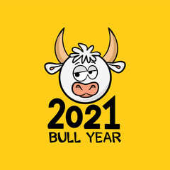 Cute pensive bull symbol of 2021. Yellow New Year banner. 2021 calendar heading. Vector illustration for the design of Chinese New Year cards and posters.