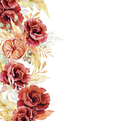 Watercolor Burgundy flower banner. Fall autumn botanical dried floral border in boho style with red rose. Pampas grass and wildfloral.  Wedding invintation, baby shower, bridal card. - 388548079
