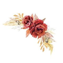 Watercolor Burgundy flower rose bouquet. Fall autumn floral illustration. Boho floral wedding design. Pampas grass and wildfloral dried composition. Wedding invintation, baby shower, bridal card - 388548227