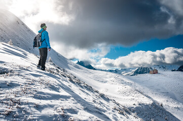 Fototapeta na wymiar hiker on Col de Balme in snow