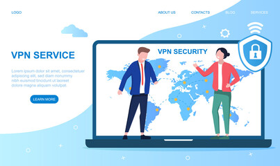 VPN service concept. VPN security software. Virtual Private Network. Secure internet connection and privacy protection. Website or landing page template. Flat cartoon vector illustration.