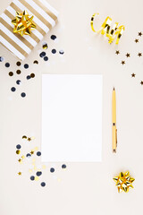 Holiday attributes. Compiling plans for the new year. Top view. Copy space