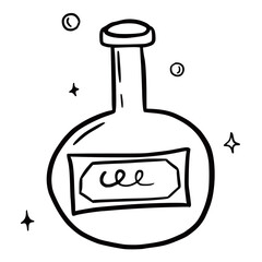 Hand drawn vector isolated potion icon. Black outline illustration of potion bottle. Witchcraft aesthetic tools.