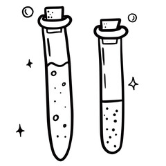 Hand drawn vector isolated potion icon. Black outline illustration of potion bottle. Witchcraft aesthetic tools. Test tubes.