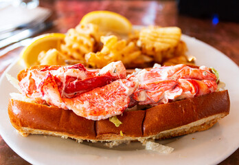 Lobster roll on a plate in a restaurant in Maine