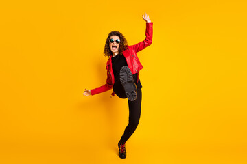 Full length photo of funky girl raise legs wear good look clothes isolated over bright color background