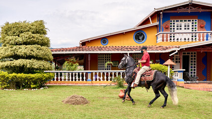 Man riding a horse in farm outdoors. Man on horse galloping outdoor. Life style.