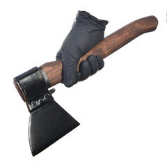 Hand in latex gloves with ax.