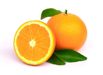 Orange fruit with slice isolated on white.