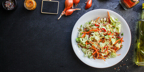 fresh salad vegetables Chinese cabbage, carrot, onion, pepper and more meal on the table tasty top view copy space for text food background rustic keto or paleo diet