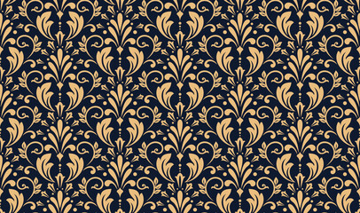 Floral pattern. Vintage wallpaper in the Baroque style. Seamless vector background. Gold and dark blue ornament for fabric, wallpaper, packaging. Ornate Damask flower ornament