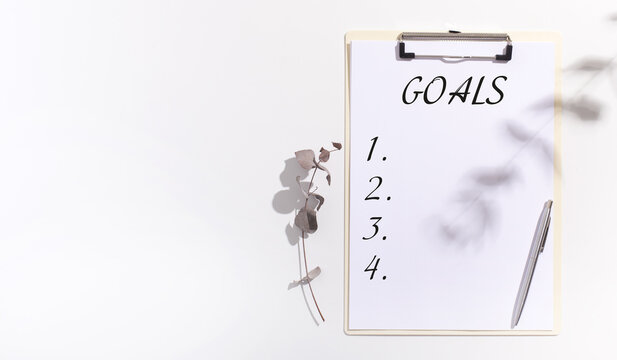 Clipperboard With Goals List And Dry Flower Over White Desk