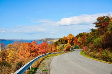 Landscape with road,  autumn foliage and Cayuga Lake, one of Finger Lakes in New York 