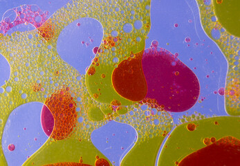Abstract colorful Background Oil in Water surface Foam of Soap with Bubbles macro shot close-up