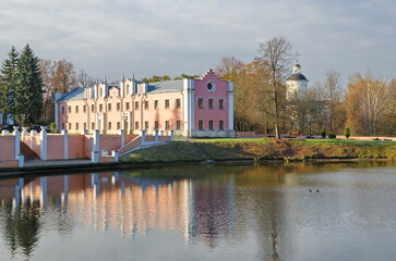 Marfino, Moscow region, Russia - October 26, 2017: The Estate Marfino. View of the Western wing and the Church of the Nativity of the virgin from the pond