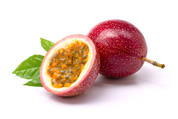 Passion fruit ( Maracuya ) with green leaf isolated on white background .
