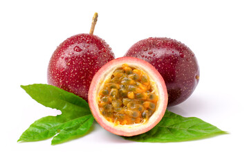 passion fruit ( Maracuya ) with green leaf isolated on white background .