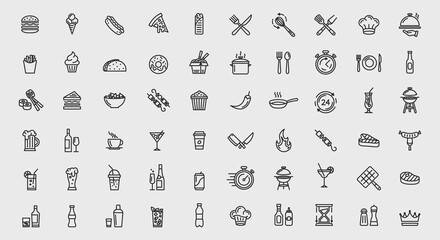Vector 60 food and restaurant icons set. Barbecue, cooking classes, kitchen icons set isolated on white background. Vector illustration