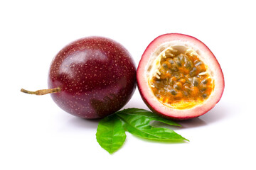 passion fruit ( Maracuya ) with green leaf isolated on white background .