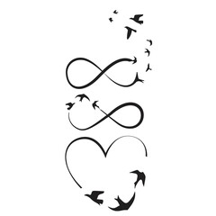 Obraz premium Black line heart, infinity sign, flying birds. Vector illustration sign.