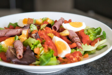 Gemischter Bio Salat Teller mit Tomaten, Eier, Schinken und Croutons, Produktbild, Low Carb Diät