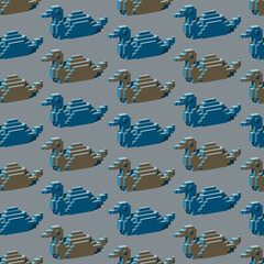 Seamless pattern with the blue and brown isometric ducks in the grey background