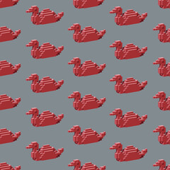 Seamless pattern with the red  isometric ducks in the grey background