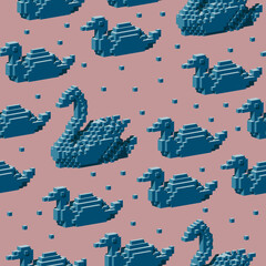 Seamless pattern with the blue isometric ducks and swans in the pink background