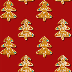 Seamless gingerbread christmas tree cookie. Pattern, red background