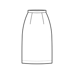 Skirt sheath straight technical fashion illustration with knee lengths, flap at back, pencil fullness. Flat bottom apparel template front, white color style. Women, men, unisex CAD mockup