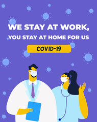 Banner with medical team in white face masks. COVID-19. Stay at home. Flat design characters.