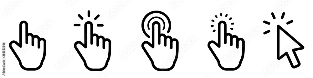 Poster pointer cursor сomputer mouse icon. clicking cursor, pointing hand clicks icons. click cursor - stoc