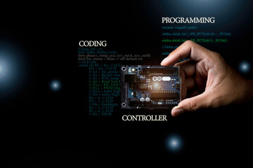 Arduino controller board element photo in dark background with infographic details.