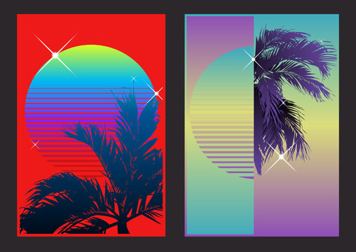Tropical palm and vintage sun graphic with light glow star shape effects on bright red and pastel gradient, retro 80s beach background, cool vintage techno summer vibe background collection.