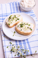 Toasts with cream and radish microgreen
