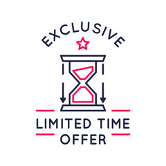 Exclusive Offer logo, sticker, button design. Limited time offer sticker template for social media. Trendy linear design with an hourglass icon. Vector illustration